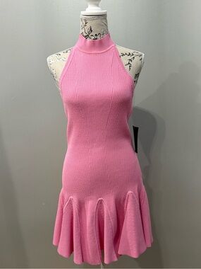 Retrofit Pink Ribbed Halter Mini Dress